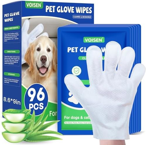 VOISEN 96 Pcs Pet Glove Wipes for Dogs, Pet Cleaning Gloves by VOISEN