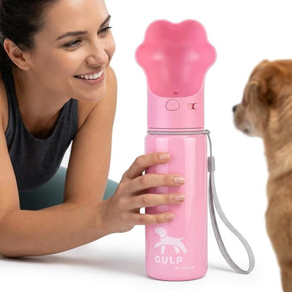 Duna Gulp 18oz Dog Travel Water Bottle with Paw-Shaped Bowl - Insulated Stainless Steel, Leakproof & Portable with Carry Strap for Outdoor Walking, Hiking & Pet Hydration on-the-Go - Pink