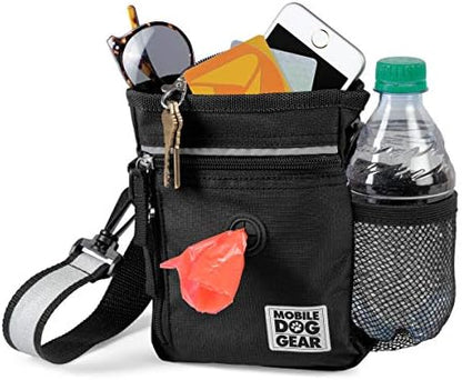 Mobile Dog Gear Dog Walking Fanny Pack (6"x7", Black) - Dog Training Treat Pouch with Poop Bag Dispenser & Bags, 2 Reflective Wrist Straps, Adjustable Shoulder Strap, Flashlight, Water Bottle Pocket by MobileDogGear