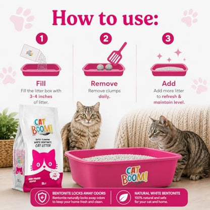 CatBoom Premium White Bentonite Clumping Clay Cat Litter Baby Powder| Super Absorbent Fine Granule Kitty Supplies | 99.5% Dust Free Multi-Cat Formula | Low Tracking Paw-Friendly 9.3 lb - Image 4