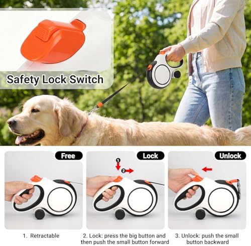 Segarty 26 Ft Walking Lead for Dogs 66 lbs - 110 lbs, 360°Tangle-Free 8m Retractable Long Leash with Detachable Poop Bag Holder for Pets Walk Outside, Anti-Slip Handle and One-Handed Brake Pause Lock - Image 4
