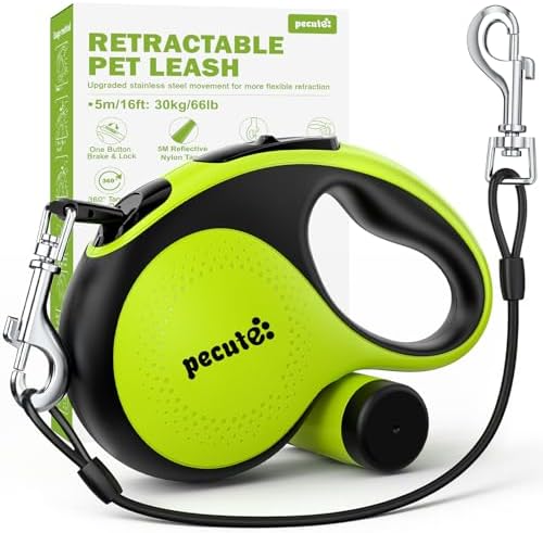 Pecute Retractable Dog Leash with Chew Proof Cable - 18,2 ft Heavy Duty Retractable Pet Leash with Dispenser and Poop Bags, Anti-Slip Handle, Reflective Leashes for Small Medium Dog Up to 66 lbs by pecute