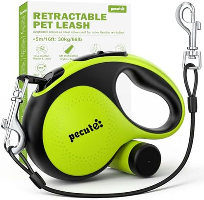 Pecute Retractable Dog Leash with Chew Proof Cable - 18,2 ft Heavy Duty Retractable Pet Leash with Dispenser and Poop Bags, Anti-Slip Handle, Reflective Leashes for Small Medium Dog Up to 66 lbs by pecute