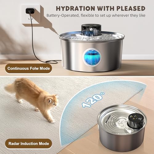 Casfuy PWL-003 Smart Motion Sensor Cordless Stainless Steel Dog & Cat Water Fountain, 108-oz - Image 2