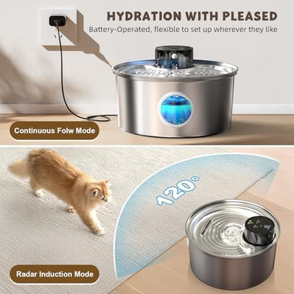 Casfuy PWL-003 Smart Motion Sensor Cordless Stainless Steel Dog & Cat Water Fountain, 108-oz - Image 2