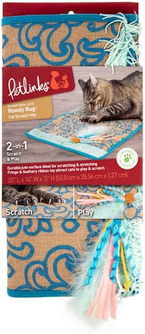 Petlinks Rowdy Rug Jute Scratch Mat with Feather Cat Toy & Playful Fringe, 20" L X 0.5" W X 14" H