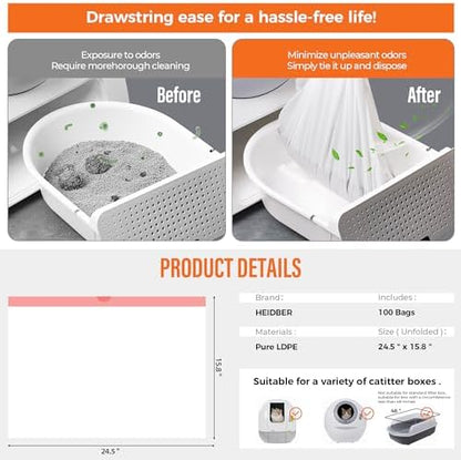 Drawstring Cat Litter Box Liners 100 Pack-Robot Litter Liner Bags for Robot 3 and 4 Cleanpethome/PETKIT PuraX PuraMax Self-cleaning Cat Litter Box Bag Heavy Duty Litter Box Robot Waste Bags - Image 7