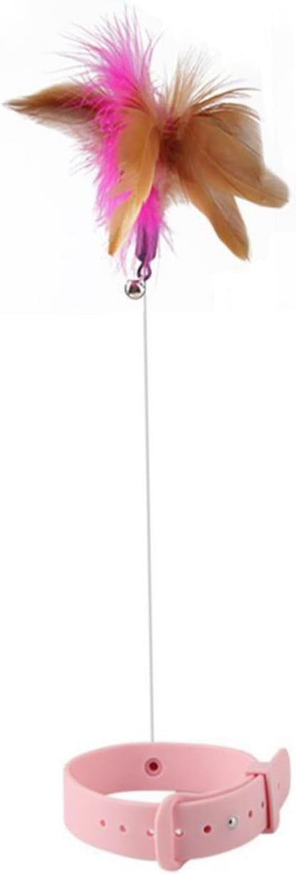 Cat Collar Funny Cat Stick,Interactive Cat Feather Toys with Bell,Cat Teaser Collar Cat Teasing Wand Silicone Collar Interactive Cat Feather Toys for Kitten Play Pink