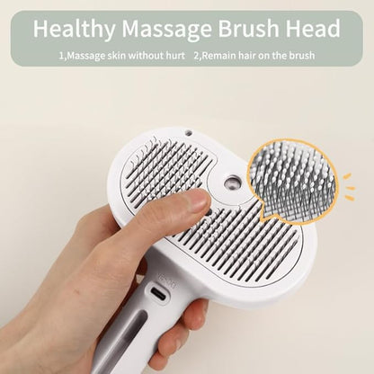 Steam Brush for Long Haired Pets - Self Cleaning Grooming Tool for Cats and Dogs to Reduce Shedding, Static and Flying Fur, White