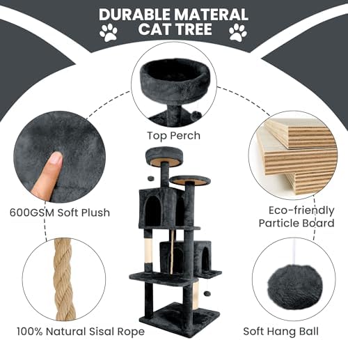 57inch Large Cat Tree Tower Condo for Indoor Cats, Soft Plush Multi-Level Climbing Tree Cat House with Cat Cave, Scratching Post, More Entrance/Exit, Sisal Rope, Grey Black - Image 6