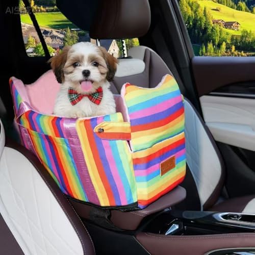 Console Dog Car Seat for Small Dogs to 15lbs (Rainbow Stripes) by HANMEIANINC