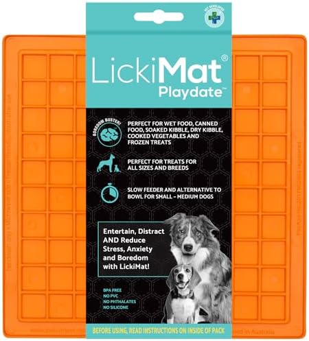 LickiMat Classic Playdate Slow Feeder for Dogs Lick Mat Boredom Anxiety Reducer Perfect for Food Treats Yogurt Liquid Food Peanut Butter Fun Alternative to a Slow Feed Dog Bowl, Orange by LICKIMAT