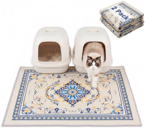 Bienbee Cat Litter Mat, 2PCS 33"x22" Machine Washable Litters Box Mats Non-Slip &Waterproof Cat Litters Trapping Mats Easy to Clean Mat for Litter Box Less Waste Protects Floors Blue and Gold L by Bienbee