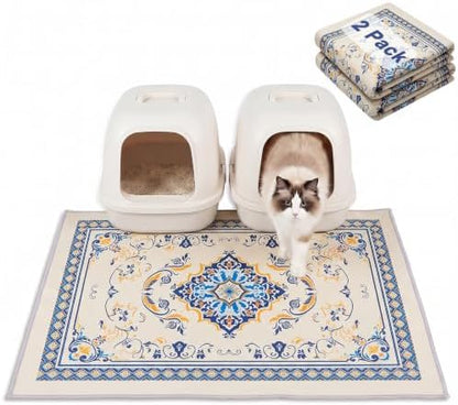 Bienbee Cat Litter Mat, 2PCS 33"x22" Machine Washable Litters Box Mats Non-Slip &Waterproof Cat Litters Trapping Mats Easy to Clean Mat for Litter Box Less Waste Protects Floors Blue and Gold L by Bienbee