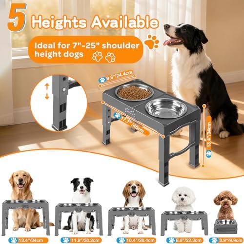 COMESOON Elevated Dog Bowls, 5 Adjustable Heights (3.9"-13.4") Raised Dogs Food Bowl Stand for Medium Large Sized Dogs, Non-Slip Foldable Travel Pet Feeder Grey with Stainless Steel Bowls - Image 2