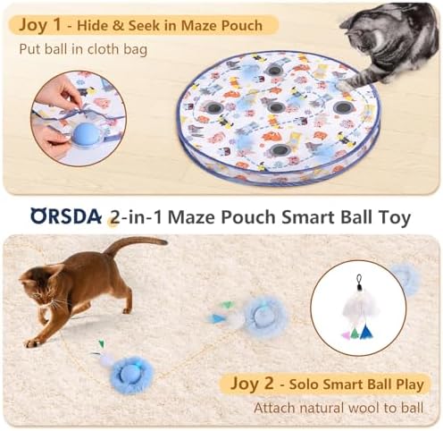 ORSDA Interactive Cat Toys Ball, Automatic Fast Rolling Ball in Pouch, Hide and Seek for Indoor Cats, Motion Chirping Activated Moving Toy, 5 Holes Mat Mouse Catching Game - Image 2