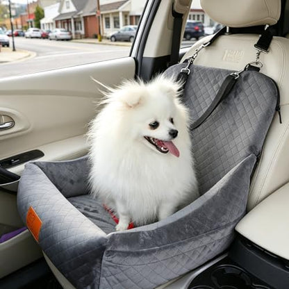 Car Dog Seat,Pet Carseats for Dogs up to 30lbs,Safe and Comfy Puppy Travel Car Bed with Storage Pockets and 2 Safety Belt,Ultra Soft Fabric, Easy to Install,Fully Removable Washable the Covered,Grey - Image 2