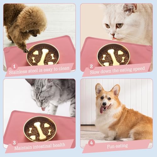 Golden Stainless Steel Slow Feeder Dog Bowls – Non-Slip Metal Dog Bowl for Large & Medium Breeds, Puppy Puzzle Feeder – 2 Cup for Small to Big Pets – Durable Slow Feed Dog & Cat Food Dish with Mat - Image 6