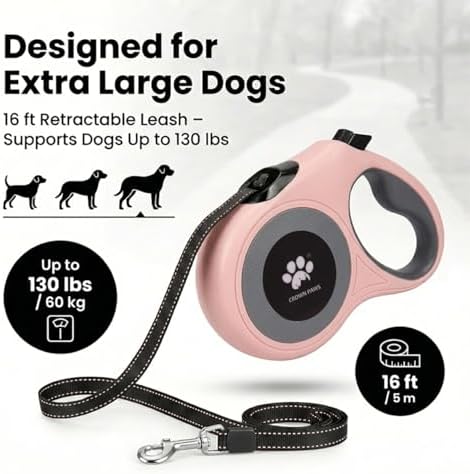 16 ft Retractable Dog Leash for Extra Large Dogs up to 130 lbs,Tangle-Free Nylon Tape,Pink Dan24 XL - Image 4
