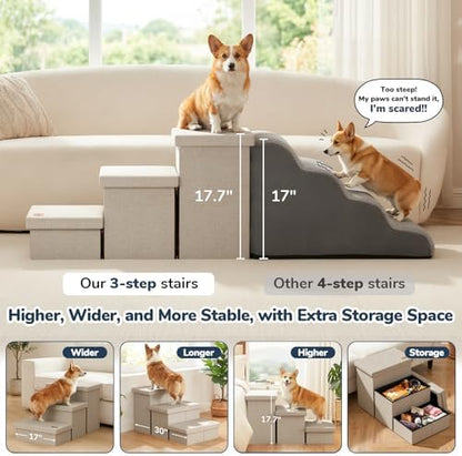3-Step Wide Dog Stairs with Hidden Storage 18" H, Non-Slip Dog Steps for High Bed Couch Window Car, Jiont-Friendly Pet Stairs Ramp for Small/Medium/Large Old Dogs Cats Up to 220lbs, Beige - Image 4