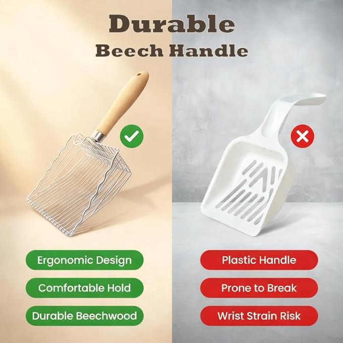2 Pack Metal Cat Litter Scoops, Heavy-Duty Kitty Scooper with Hook, Stainless Steel Kitten Poop Lifter for Litter Box, Speed Sifter with Comfortable Beech Wood Grip