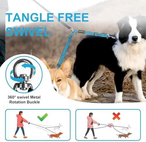 MingXpet Double Dog Leash for Two Dogs, No Pull Dog Leash, 360° Swivel No Tangle for Medium Dogs Walking & Training, Shock Absorbing Reflective Bungee, Blue - Image 4