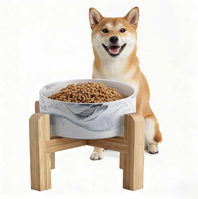 Elevated/Raised Ceramic Dog Bowl with Bamboo Stand,Marble Pattern 6 Inch 3.6 Cups Non Slip Heavy Weighted Single Pet Dish, for Small Medium Breed & Cats,Reduces Neck Strain Marble Grey