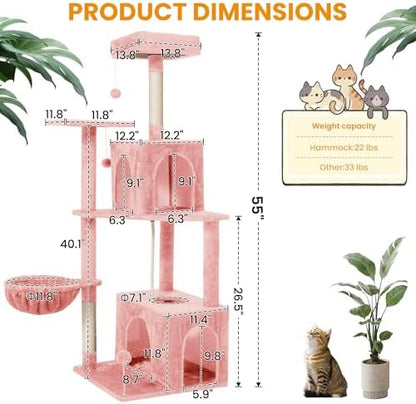 54-Inch Cat Tree Tower with 2 Caves & 2 Pompoms - Multi-Level Tower for Indoor Cats, Soft Plush Condo with Scratching Posts - Sturdy Base for Large Cats(Pink) - Image 3