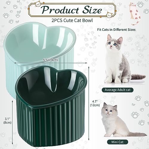 Mumufy 2 Pcs Ceramic Elevated Cat Bowls Tilted Elevated Raised Pet Bowls Anti Vomit Cat Dish for Indoor Stress Free Water Dish Feeder for Puppies, Heart Shaped(Macaron Blue, Peacock Green) - Image 2