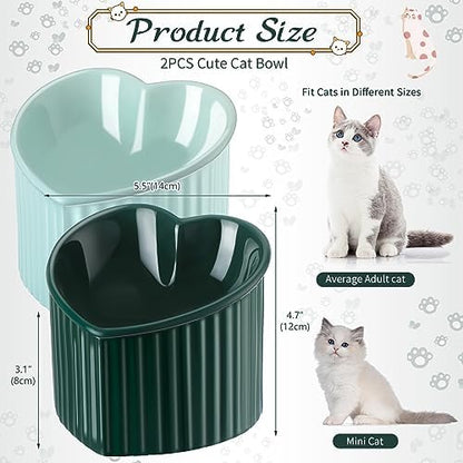 Mumufy 2 Pcs Ceramic Elevated Cat Bowls Tilted Elevated Raised Pet Bowls Anti Vomit Cat Dish for Indoor Stress Free Water Dish Feeder for Puppies, Heart Shaped(Macaron Blue, Peacock Green) - Image 2