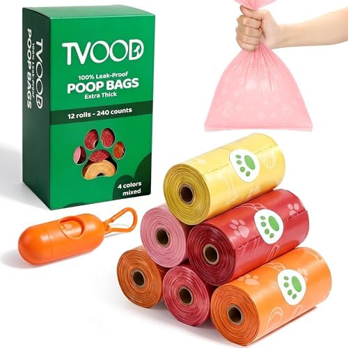 Dog Poop Bags Rolls 240 PCS– Extra Thick Leak Proof 4 Color Mix with Holder by TVOOD