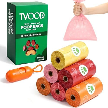 Dog Poop Bags Rolls 240 PCS– Extra Thick Leak Proof 4 Color Mix with Holder by TVOOD