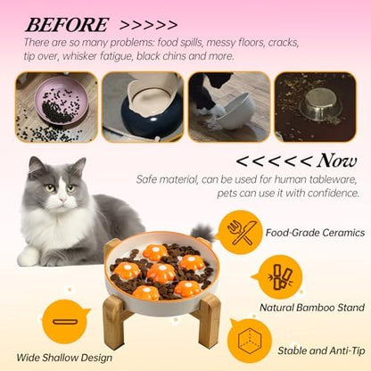 Elevated Ceramic Slow Feeder Cat Bowl with Anti-Slip Bamboo Stand - Image 4