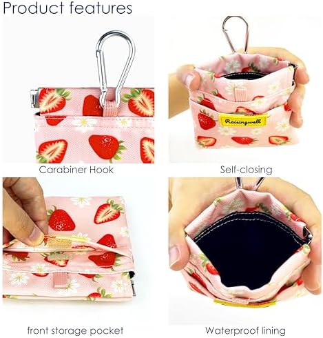 Dog Treat Pouch,Cotton Pocket Sized Training Holder, Hand Free Walking Funny Bag with Carabiner, Self-Closing Pet Feed Snack Reward, Behavior Aids for Puppy Travel or Outdoor Use（Strawberry） - Image 3