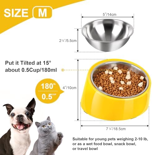 Tilted Dog Bowl Non-Slip & Non-Spill Pet Feeder with Elevated Detachable Melamine Stand, Easy to Get Food Dog Dish, M/180ml Yellow - Image 2