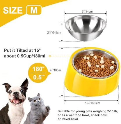 Tilted Dog Bowl Non-Slip & Non-Spill Pet Feeder with Elevated Detachable Melamine Stand, Easy to Get Food Dog Dish, M/180ml Yellow - Image 2