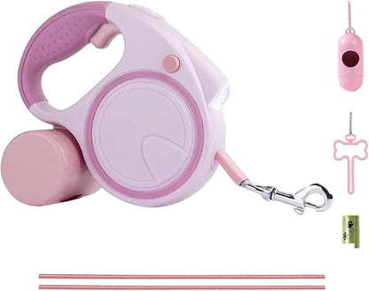 Best Dog Supplies | Pink Retractable Dog Leash with Light, Poop Bag Dispenser, Poop Bag Holder, 2 Elastic Ropes | Set of 4