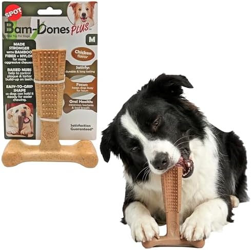 SPOT Bam-Bones Plus T-Bone Dog Chew Toy, Bamboo Fiber & Nylon, Chicken Flavor, Durable Non-Splintering Chew for Moderate to Aggressive Chewers, Dogs 30-60 lbs, 6 Inch by SPOT