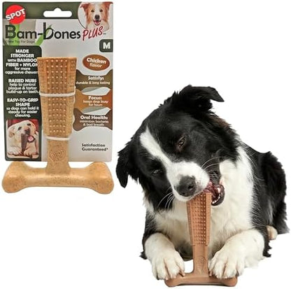 SPOT Bam-Bones Plus T-Bone Dog Chew Toy, Bamboo Fiber & Nylon, Chicken Flavor, Durable Non-Splintering Chew for Moderate to Aggressive Chewers, Dogs 30-60 lbs, 6 Inch by SPOT