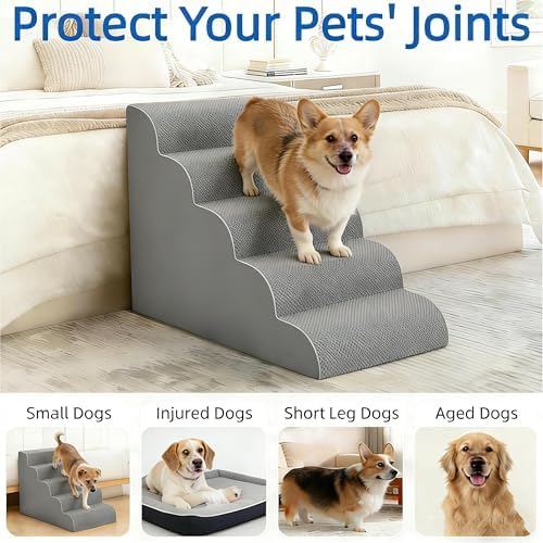 Simple Deluxe Dog Stairs for Small Dogs, 5-Step Curved Dog Step for Puppy, Older Cat, Medium Pet Ramp for Sofa, Couch or Chair, Indoor Non-Slip Pet Ladder with High Density Foam, Gray - Image 2