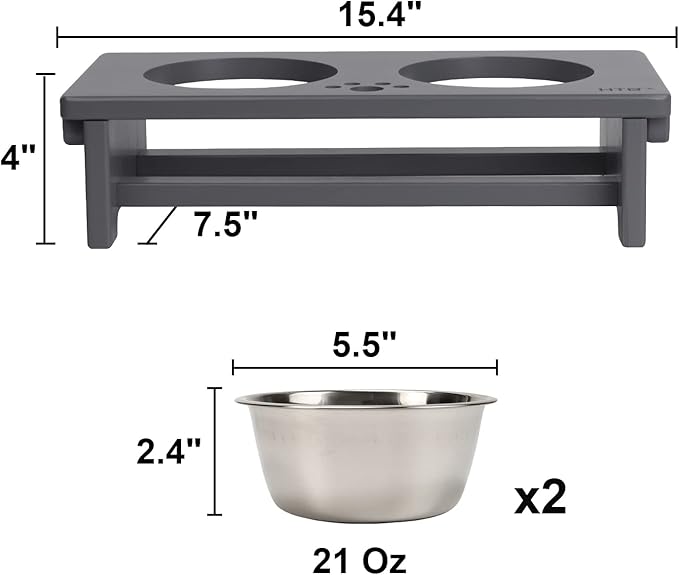 HTB Elevated Dog Bowls, Raised Dog Bowl Stand with 2 Stainless Steel Bowls, Elevated Raised Pets Bowls for Large Medium Small Sized Dogs- Grey Small