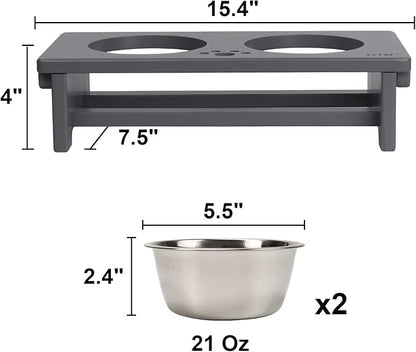 HTB Elevated Dog Bowls, Raised Dog Bowl Stand with 2 Stainless Steel Bowls, Elevated Raised Pets Bowls for Large Medium Small Sized Dogs- Grey Small