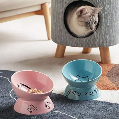 Sweejar Ceramic Raised Cat Bowls, Slanted Cat Dish Food or Water Bowls, Elevated Porcelain Pet Feeder Bowl Protect Cat's Spine, Stress Free, Backflow Prevention(Pink) - Image 2