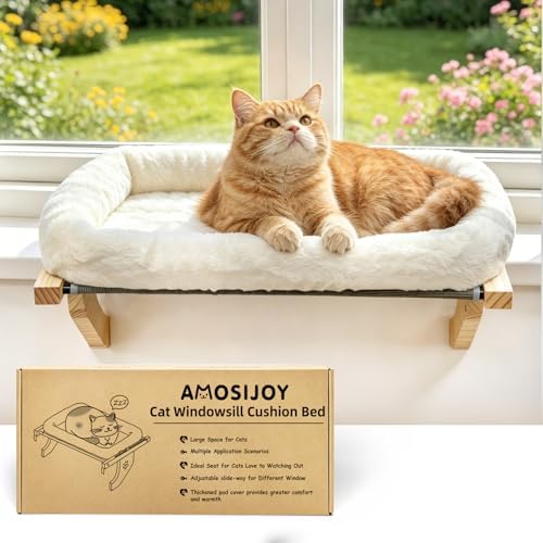 AMOSIJOY Wooden Cat Windowsill Perch with Zipper Cushion Bed, 27.5in - Image 6