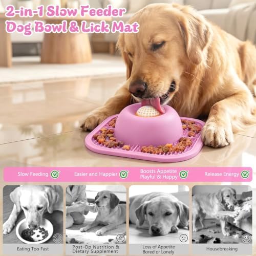 Slow Feeder Dog Bowls & Lick Mat for Liquid and Thick Treat, Anti-Slip Dog Lick Bowl with Interactive Rolling Ball, 5/6 Cup Pup Licking Toy for Large Medium Small Dogs and Cats Pink - Image 2