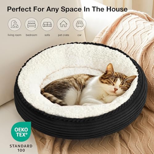 Love's cabin Round Donut Cat and Dog Cushion Bed, 20in Pet Bed for Cats or Small Dogs, Anti-Slip & Water-Resistant Bottom, Super Soft Durable Fabric Pet beds, Washable Luxury Bed Black Stripe - Image 6