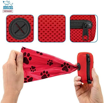 Best Pet Supplies Dog Poop Bag Holder Leash Attachment with Reusable Dispenser for Travel, Walking, Park, and Outdoor Use, Durable with Clip-On - Red, Mesh Dispenser w/15 Bags - Image 3