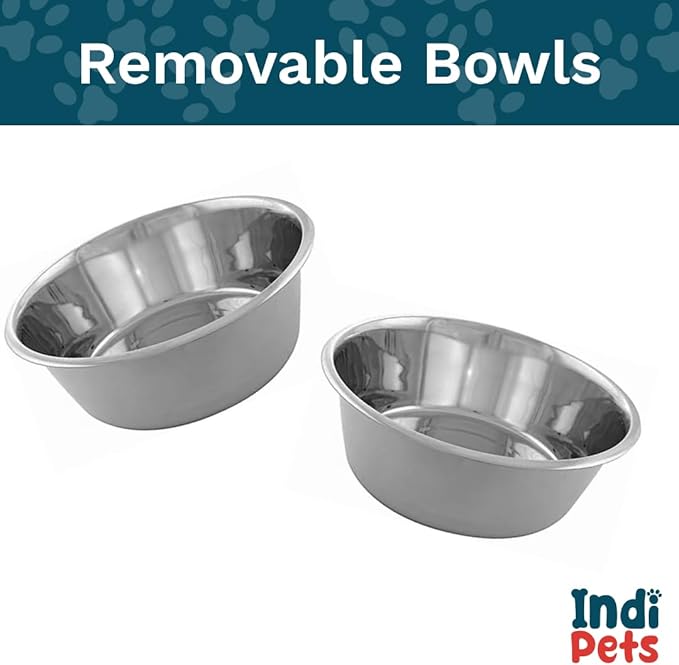 Indipets WOOF Design Wooden and Iron Stand with Stainless-Steel Bowls, Elevated Dog Feeder Bowls with Stand, Raised Bowls for pet (Medium)
