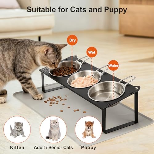 Elevated Cat Bowls with Food Mat, 10°Tilted Non-Slip Raised Cat Food Water Bowls Set, 3 Thick Stainless Steel Pets Dishes with Handles to Indoor Kitten Puppy, Anti-Vomiting Cute Metal Feeding Stand - Image 3