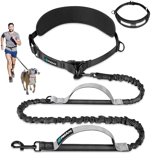 PetAmi Hands Free Dog Leash with Padded Lumbar Waist Belt, Shock Absorbing Bungee, Quick Release Buckle, Dual Handle, Running Jogging Walking Leash for Medium Large Dogs Up to 125 lbs, Grey by PetAmi